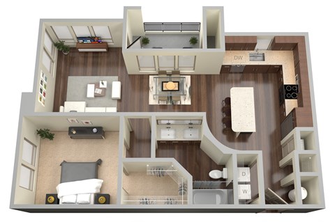 Floor plan for 1 bed, 1 bath, 848 sqft